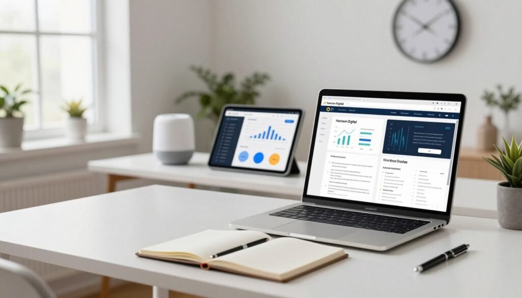 A clean and modern workspace showcasing innovative ways to make money with AI. In the foreground, a sleek laptop displaying various AI tools on the screen, with an open notebook and a pen beside it. In the middle layer, an organized desk with a smart speaker and a tablet featuring visual graphs and productivity apps. Background elements include a bright window with natural light streaming in, plants for a touch of nature, and a minimalistic wall clock indicating productivity. The mood is inspiring and professional, emphasizing a tech-savvy environment. The brand name "Horizon Digital" appears subtly within the scene to signify modernity and innovation. Use soft lighting for a cozy yet motivating atmosphere, with a slight depth of field to keep the focus on the workspace. A clean and modern workspace showcasing innovative ways to make money with AI. In the foreground, a sleek laptop displaying various AI tools on the screen, with an open notebook and a pen beside it. In the middle layer, an organized desk with a smart speaker and a tablet featuring visual graphs and productivity apps. Background elements include a bright window with natural light streaming in, plants for a touch of nature, and a minimalistic wall clock indicating productivity. The mood is inspiring and professional, emphasizing a tech-savvy environment. The brand name "Horizon Digital" appears subtly within the scene to signify modernity and innovation. Use soft lighting for a cozy yet motivating atmosphere, with a slight depth of field to keep the focus on the workspace.