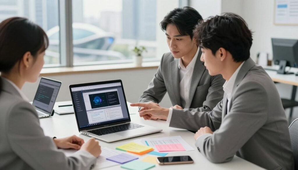 A modern workspace scene showcasing a clean, organized desk with a sleek laptop displaying AI content creation tools. In the foreground, a pair of professional individuals in business attire are collaborating over content ideas, with one pointing towards the laptop screen. The middle layer features vibrant notes and digital devices, emphasizing the dynamism of AI workflows. In the background, a large window with natural light floods the space, highlighting a cityscape with futuristic buildings, symbolizing innovation. The atmosphere is focused and motivating, reflecting the theme of building a practical foundation in AI. The brand name “Horizon Digital” is subtly integrated into the design of the laptop. Bright, inviting lighting enhances the professional yet creative mood of the image. A modern workspace scene showcasing a clean, organized desk with a sleek laptop displaying AI content creation tools. In the foreground, a pair of professional individuals in business attire are collaborating over content ideas, with one pointing towards the laptop screen. The middle layer features vibrant notes and digital devices, emphasizing the dynamism of AI workflows. In the background, a large window with natural light floods the space, highlighting a cityscape with futuristic buildings, symbolizing innovation. The atmosphere is focused and motivating, reflecting the theme of building a practical foundation in AI. The brand name “Horizon Digital” is subtly integrated into the design of the laptop. Bright, inviting lighting enhances the professional yet creative mood of the image.